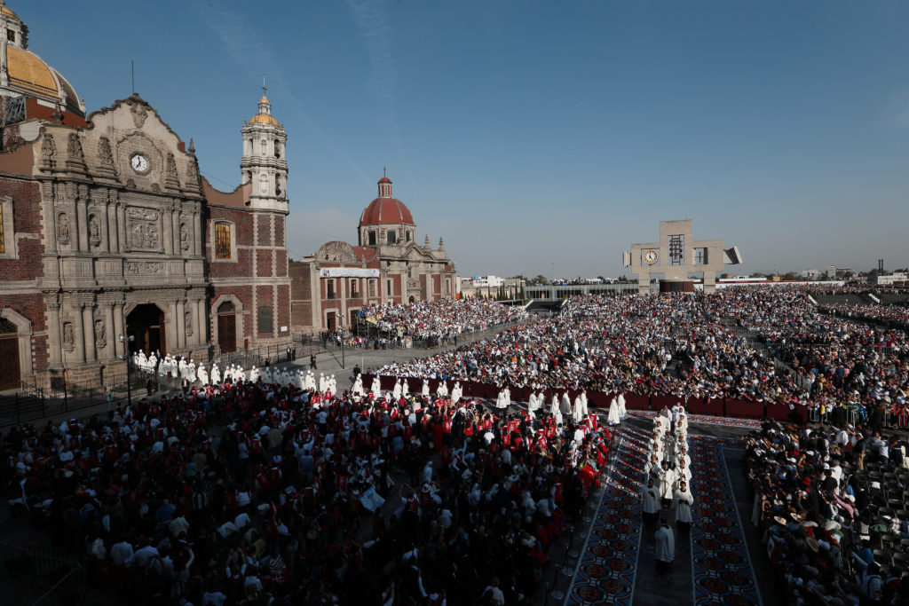 Bishops process from the historic Basilica of Our Lady of Guadalupe to the modern basilica for a Mass celebrated by Pope Francis in Mexico City Feb. 13. (CNS photo/Paul Haring)