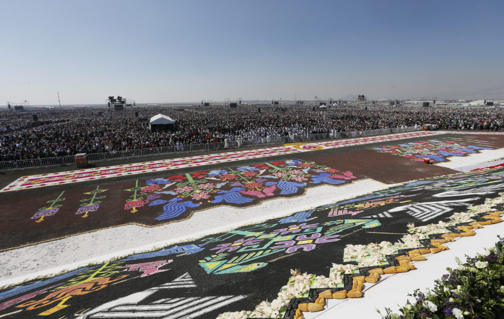 A large crowd is seen gathered for Pope Francis' celebration of Mass in Ecatepec near Mexico City Feb. 14. (CNS photo/Paul Haring)