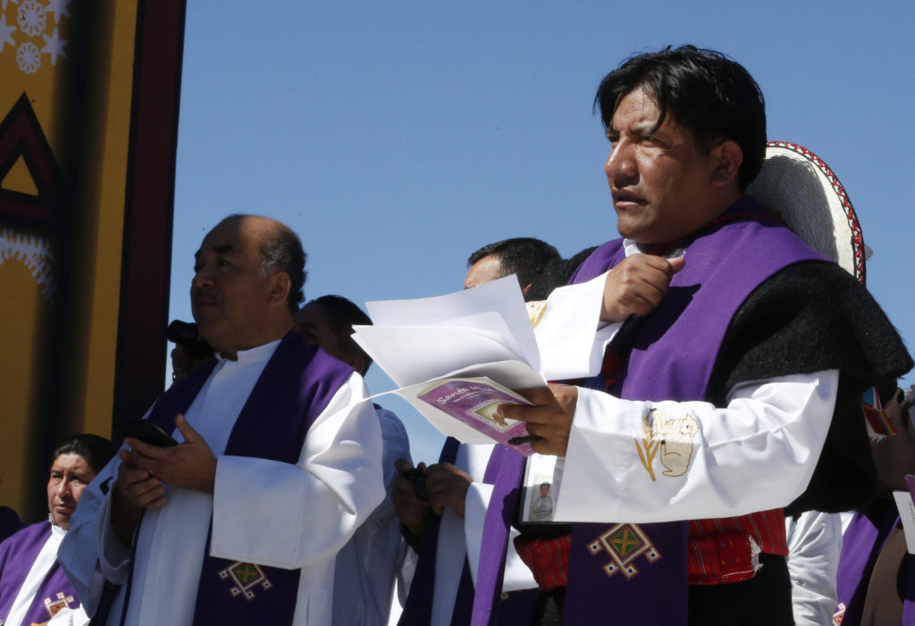 Clergy attend Pope Francis' celebration of Mass with the indigenous community from Chiapas in San Cristobal de Las Casas, Mexico, Feb. 15. (CNS photo/Paul Haring)