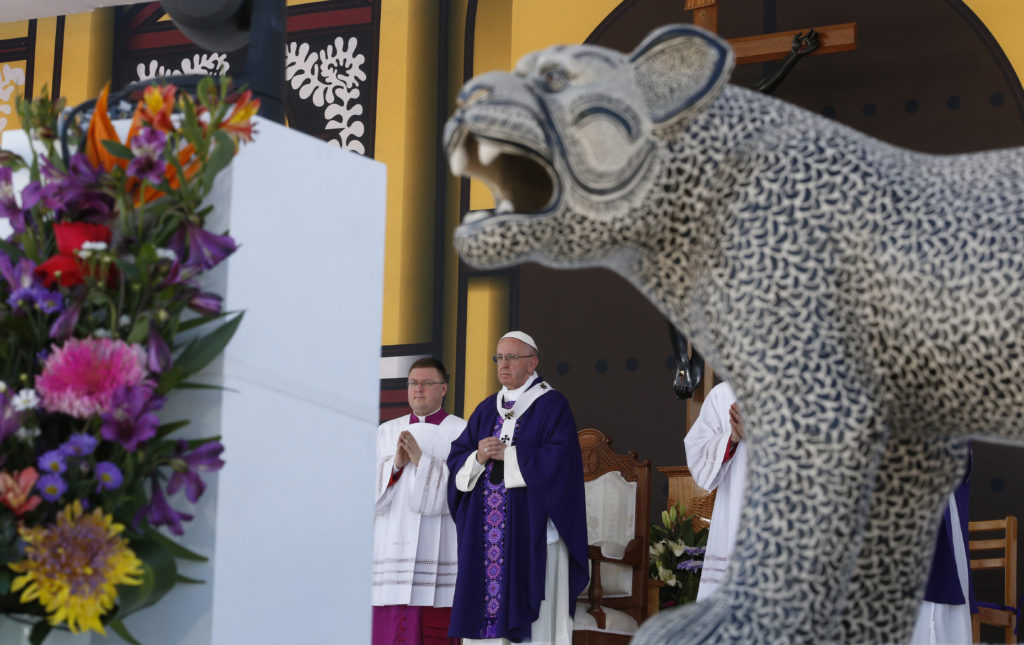 A panther decorates the altar as Pope Francis celebrates Mass with the indigenous community from Chiapas in San Cristobal de Las Casas, Mexico, Feb. 15. (CNS photo/Paul Haring)