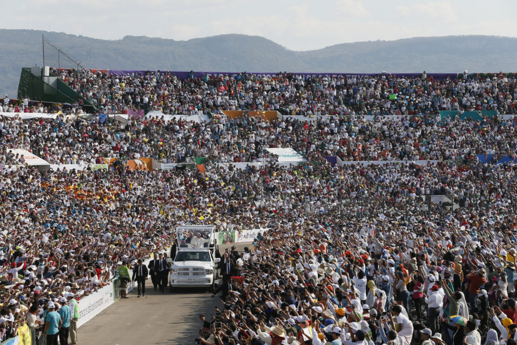 Pope Francis arrives for a meeting with families at the Victor Manuel Reyna Stadium in Tuxtla Gutierrez, Mexico, Feb. 15. (CNS photo/Paul Haring) 