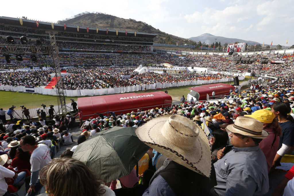 Young people attend a meeting with Pope Francis at the Jose Maria Morelos Pavon Stadium in Morelia, Mexico, Feb. 16. (CNS photo/Paul Haring)