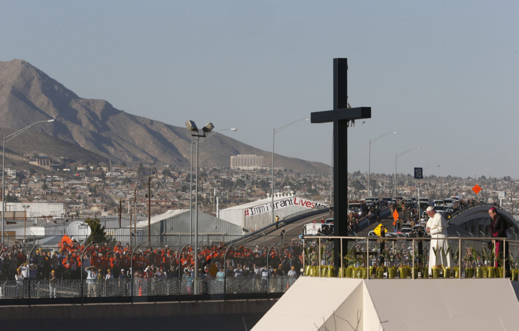Pope Francis arrives to pray at a cross on the border with El Paso, Texas, before celebrating Mass at the fairgrounds in Ciudad Juarez, Mexico, Feb. 17. (CNS photo/Paul Haring) 