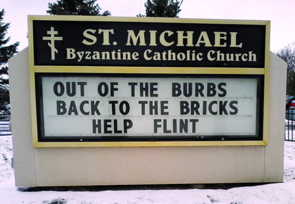The marquee in front of St. Michael Byzantine Catholic Church in Flushing, Mich., reminds passers-by of the needs of the people of Flint, Mich. (CNS photo/courtesy St. Michael Byzantine Catholic Parish) 
