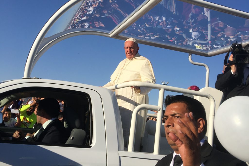 Pope Francis passes by in the Popemobile at El Punto in the former Juárez Fairgrounds where he celebrated the last Mass of his apostolic visit to Mexico. (Photo courtesy of Rosario Espinola)