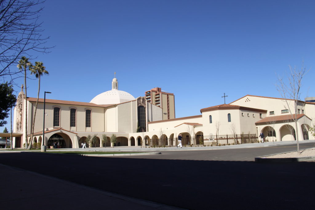 The new exterior of St. Francis Xavier Parish now includes a parish hall plus education and outreach center. (Ambria Hammel/CATHOLIC SUN)