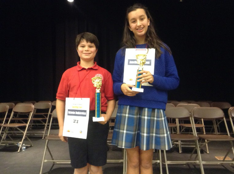 Nickolas Butkiewicsz, a fifth-grader at St. Theresa and Amelia Chapman, an eighth-grader at St. Gregory, were the top winners in the diocesan Spelling Bee Feb. 2. (Lindsay Wantland/CATHOLIC SUN)