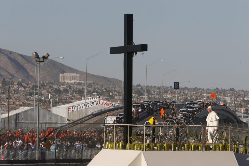 Pope Francis arrives to pray at a cross on the border with El Paso, Texas, before celebrating Mass at the fairgrounds in Ciudad Juarez, Mexico, Feb. 17. (Paul Haring/CNS)