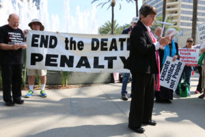 Sister Helen Prejean, a Sister of St. Joseph of Medaille, speaks Feb. 27 during a demonstration against the death penalty held outside the Los Angeles Religious Education Congress in Anaheim, Calif. (CNS photo/J.D. Long-Garcia, The Tidings) 