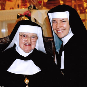 In this 2002 photo, Mother Angelica (left) takes poses with the future Mother Marie Andre, who was installed as the first abbess of Our Lady of Solitude Monastery in Tonopah last month. Mother Angelica, who founded EWTN in 1981, passed away on Easter Sunday, March 27. (Photo courtesy of Our Lady of Solitude Monastery)