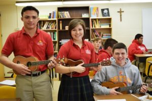Inaugural members of Seton's Ukulele club include Quentin Hovis as president, Catalina Rojas as vice president and James Stevenson. (courtesy photo)