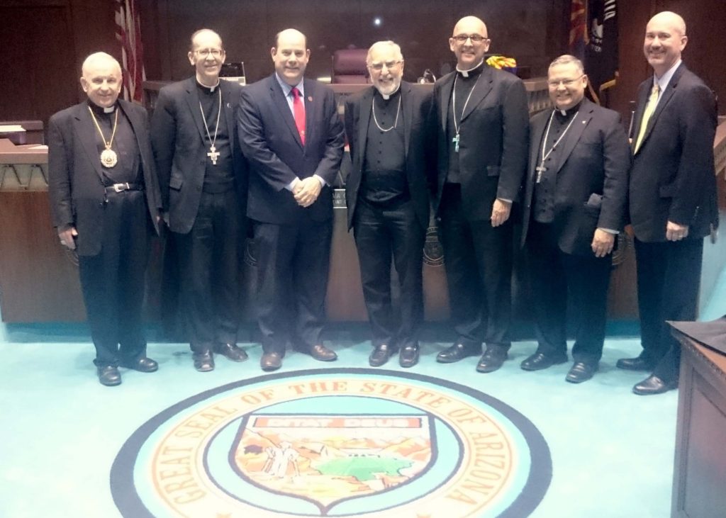 State House Speaker David Gowan poses with the bishops of Arizona Feb. 3. From left to right are Bishop Gerald N. Dino of the Holy Protection of Mary Byzantine Eparchy of Phoenix, Bishop Thomas J. Olmsted of Phoenix, Speaker Gowan, Bishop Gerald F. Kicanas of Tucscon, Bishop James S. Wall of Gallup, New Mexico, Auxiliary Bishop Eduardo A. Nevares of Phoenix and Ron Johnson, director of the Arizona Catholic Conference. (Photo courtesy of the Arizona Catholic Conference)