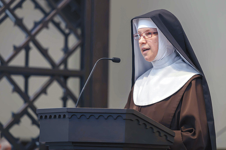 Mother Marie André, newly-installed as the first abbess of Our Lady of Solitude Monastery in Tonopah, home of the “Desert Nuns,” addresses supporters during her installation Mass March 19. (Photo courtesy of John Bering)