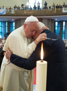 Pope Francis embraces Franciscan Father Ernest Simoni during a visit to Tirana, Albania, Sept. 21. Pope Francis wept when he heard the testimony of Father Simoni, 84, who for 28 years was imprisoned, tortured and sentenced to forced labor for refusing to speak out against the Catholic Church as his captors wanted. (CNS photo/L'Osservatore Romano via EPA) 