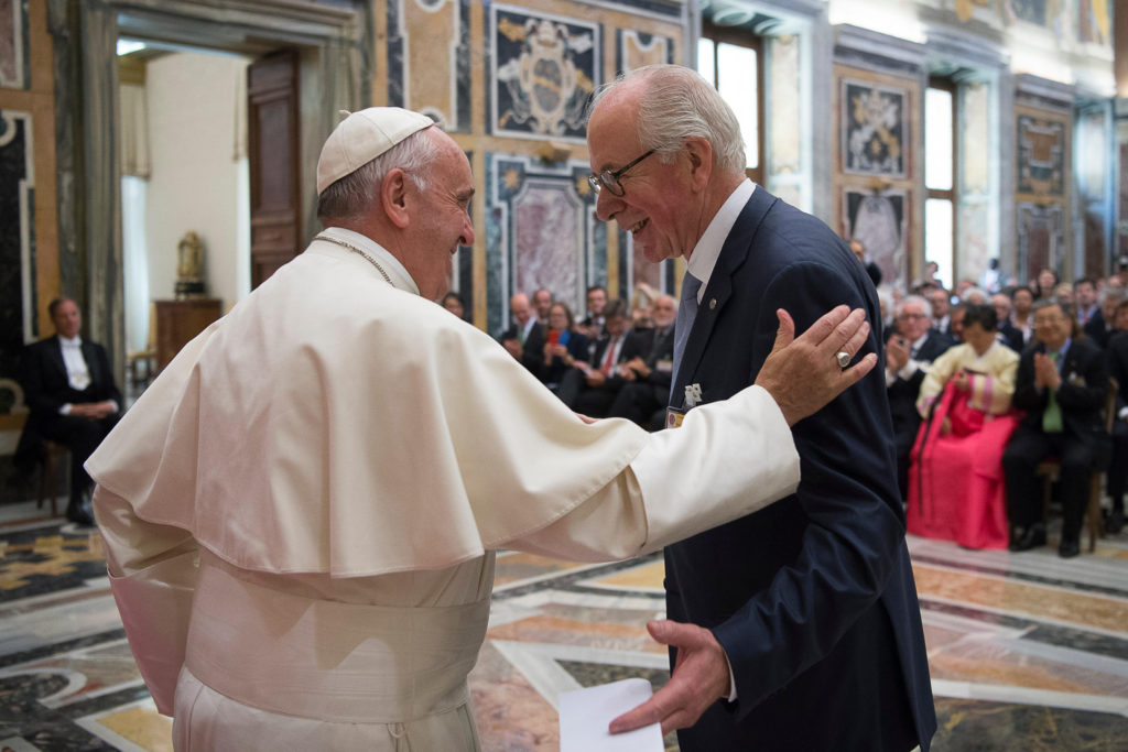 Pope Francis greets Domingo Sugranyes Bickel, president of the Centesimus Annus Pro Pontifice Foundation, during an audience with business leaders and Catholic social teaching experts at the Vatican May 13. Those at the audience were attending a conference sponsored by the foundation. (CNS photo/L'Osservatore Romano) 