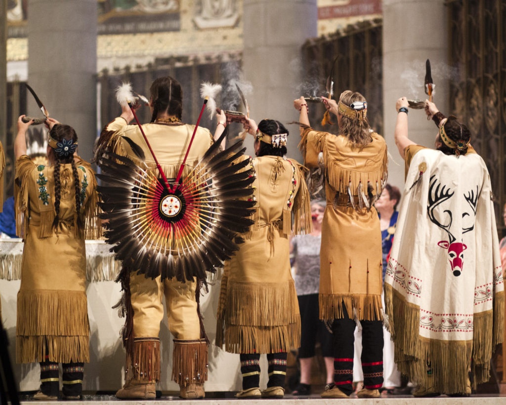 Members of Canada's First Nations participate in Mass at the Basilica of Sainte Anne-de-Beaupre in Quebec June 26. (CNS photo/Philippe Vaillancourt, Presence)