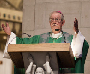 Bishop Dorylas Moreau of Rouyn-Noranda, Quebec, delivers his homily at the Basilica of Sainte Anne-de-Beaupre in Quebec during Canada's First Nations Mass June 26. (CNS photo/Philippe Vaillancourt, Presence)