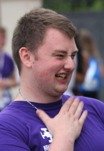 Seminarian Toby Duckworth of Birmingham, England, laughs with other World Youth Day Pilgrims at Sacred Heart Church in Krakow, Poland, July 28. (CNS photo/Bob Roller) 