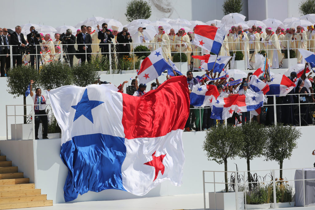 Panamanian flags are seen after Pope Francis celebrated the World Youth Day closing Mass July 31 at the Field of Mercy in Krakow, Poland. Pope Francis announced that Panama will host World Youth Day in 2019. (CNS photo/Bob Roller)