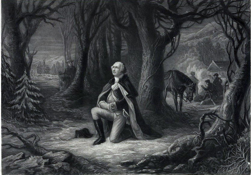 In this 1866 engraving by John McRae based on Henry Brueckner's painting of George Washington's "Prayer at Valley Forge." (Public Domain)