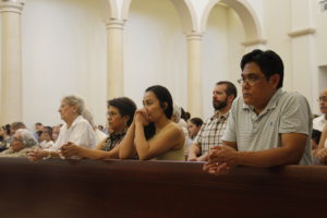 St. Bernadette parishioners pray during the first Mass inside its first permanent worship space Aug. 13. (Ambria Hammel/CATHOLIC SUN)