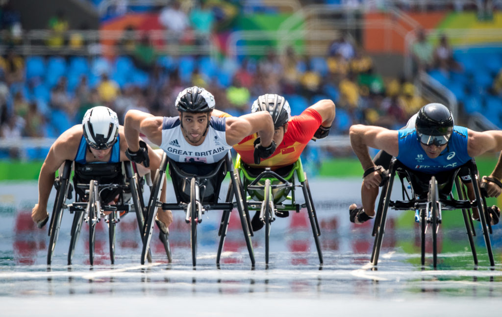 U.S. Paralympian Brian Siemann, far left, competes with other athletes Sept. 14 in the the Men's 800m - T52/53 event at the Olympic stadium in Rio de Janeiro. Siemann is a 2008 graduate of Notre Dame High in Lawrenceville, N.J. (CNS photo/Simon Bruty, EPA) 