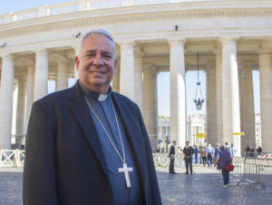 Auxiliary Bishop Nelson J. Perez of Rockville Centre, New York, chairman of the U.S. Bishops' Subcommittee on Hispanic Affairs stands in St. Peter’s Square Sept. 26 at the Vatican. He and other U.S. Hispanic leaders were on a five-day pilgrimage to the Vatican as part of their preparation for launching the V Encuentro process. (CNS photo/Robert Duncan) 