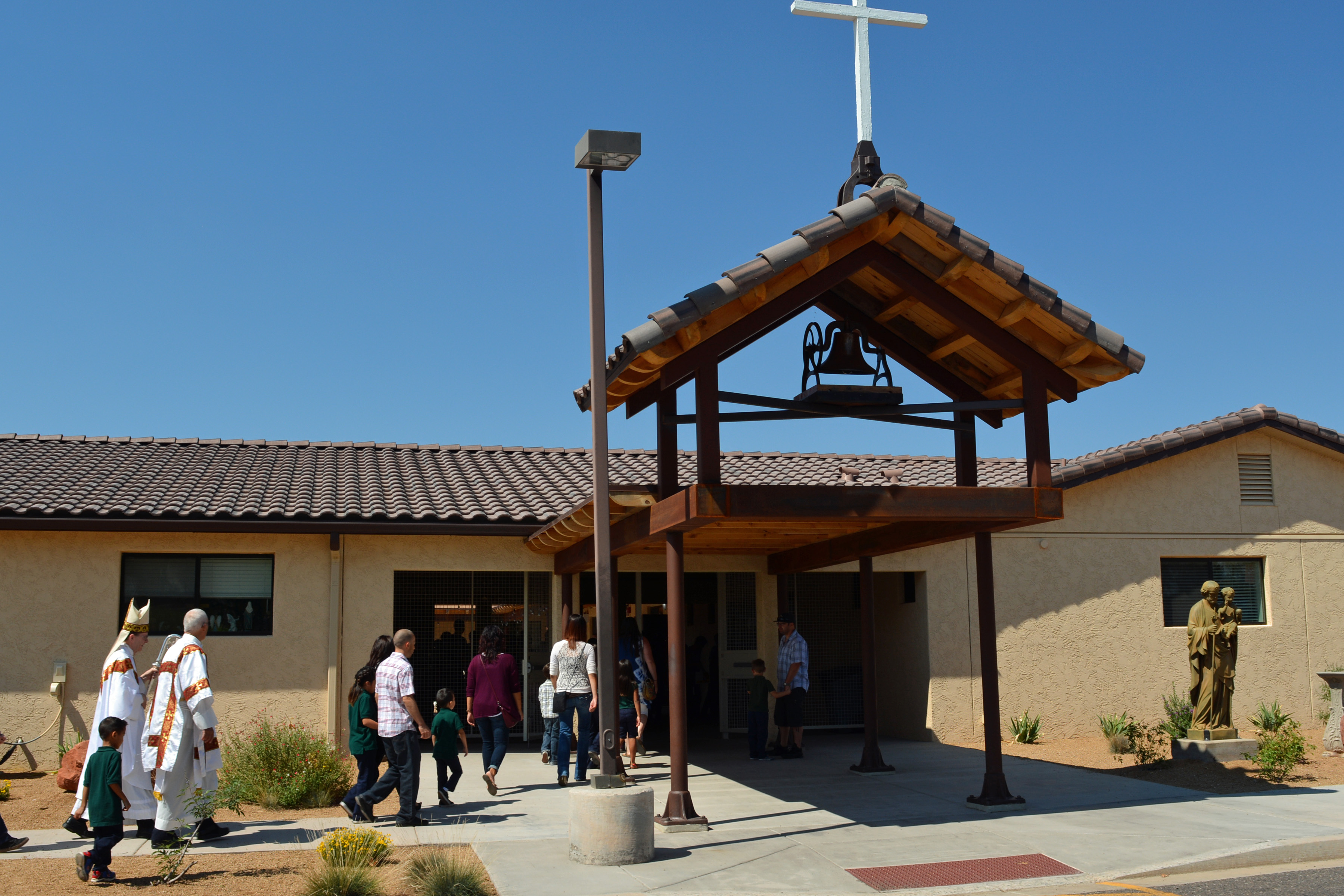 Bishop Olmsted enters St. Joseph/Immaculate Conception School in Cottonwood to bless the campus on Sept. 18. (Lisa Dahm/CATHOLIC SUN)