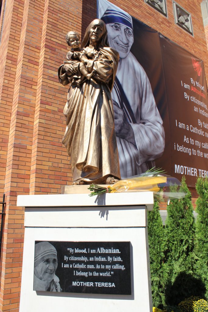 A statue of St. Teresa of Kolkata is seen outside St. Athanasius Church Sept. 25 in the Bensonhurst section of Brooklyn, N.Y., shortly after its unveiling. The statue was a gift to Brooklyn from the Albanian community. (CNS photo/Marie Elena Giossi, The Tablet) See TERESA-STATUE-ALBANIA Oct. 4, 2016.