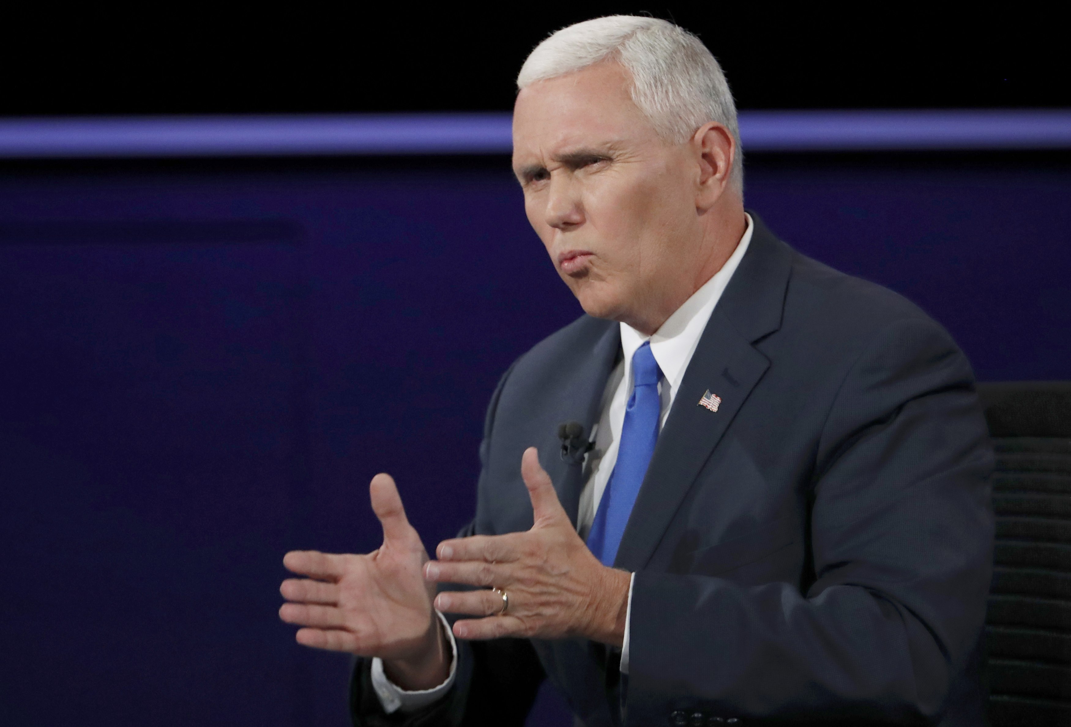 Indiana Gov. Mike Pence, the Republican nominee for U.S. vice president, speaks Oct. 4 during his vice presidential debate against U.S. Sen. Tim Kaine of Virginia, the Democratic nominee, at Longwood University in Farmville, Va. (CNS photo/Kevin Lamarque, Reuters)
