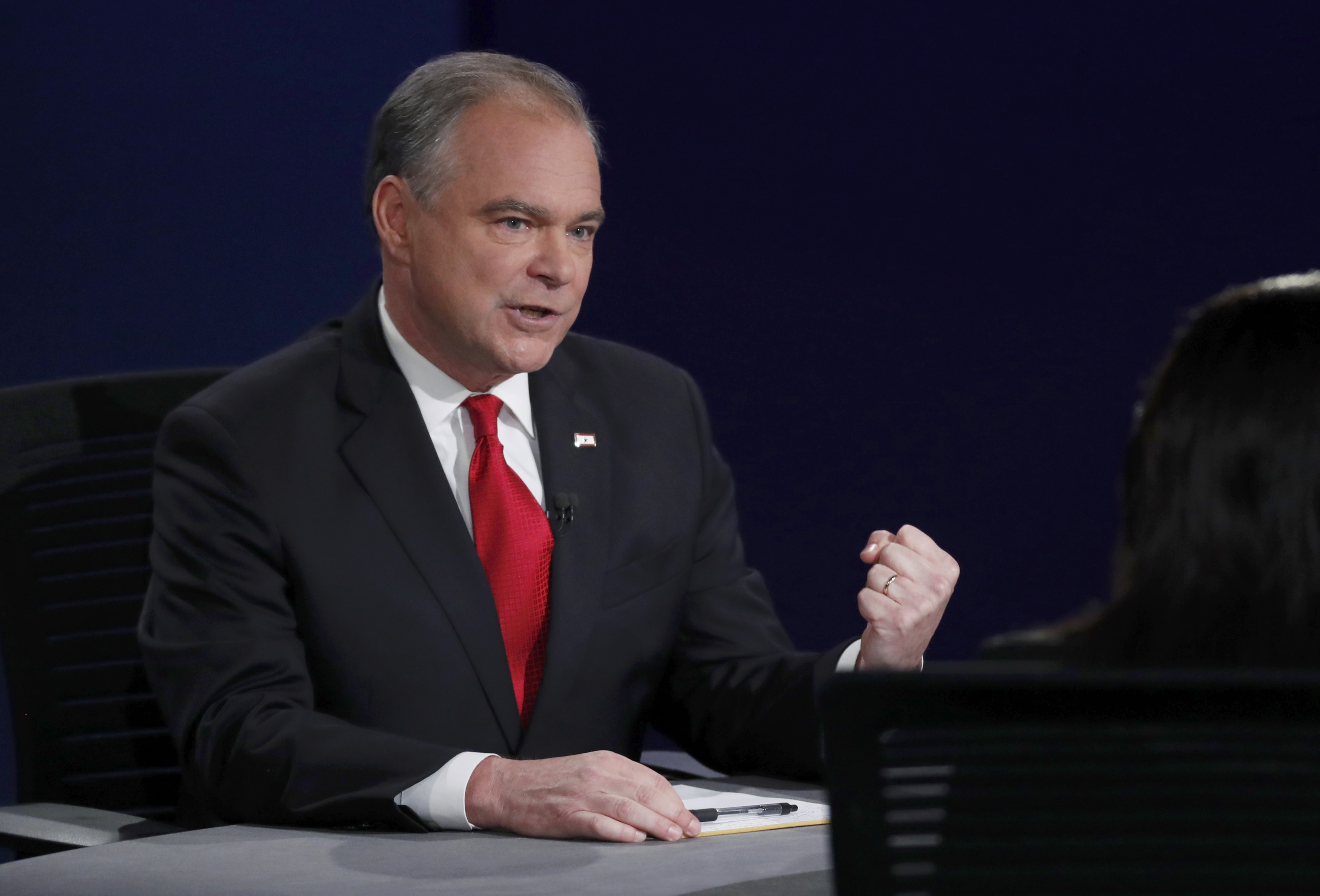 U.S. Sen. Tim Kaine of Virginia, the Democratic nominee for vice president,  speaks during his Oct. 4  vice presidential debate against Indiana Gov. Mike Pence, the Republican nominee, at Longwood University in Farmville, Va. (CNS photo/Chris Keane, Reuters)
