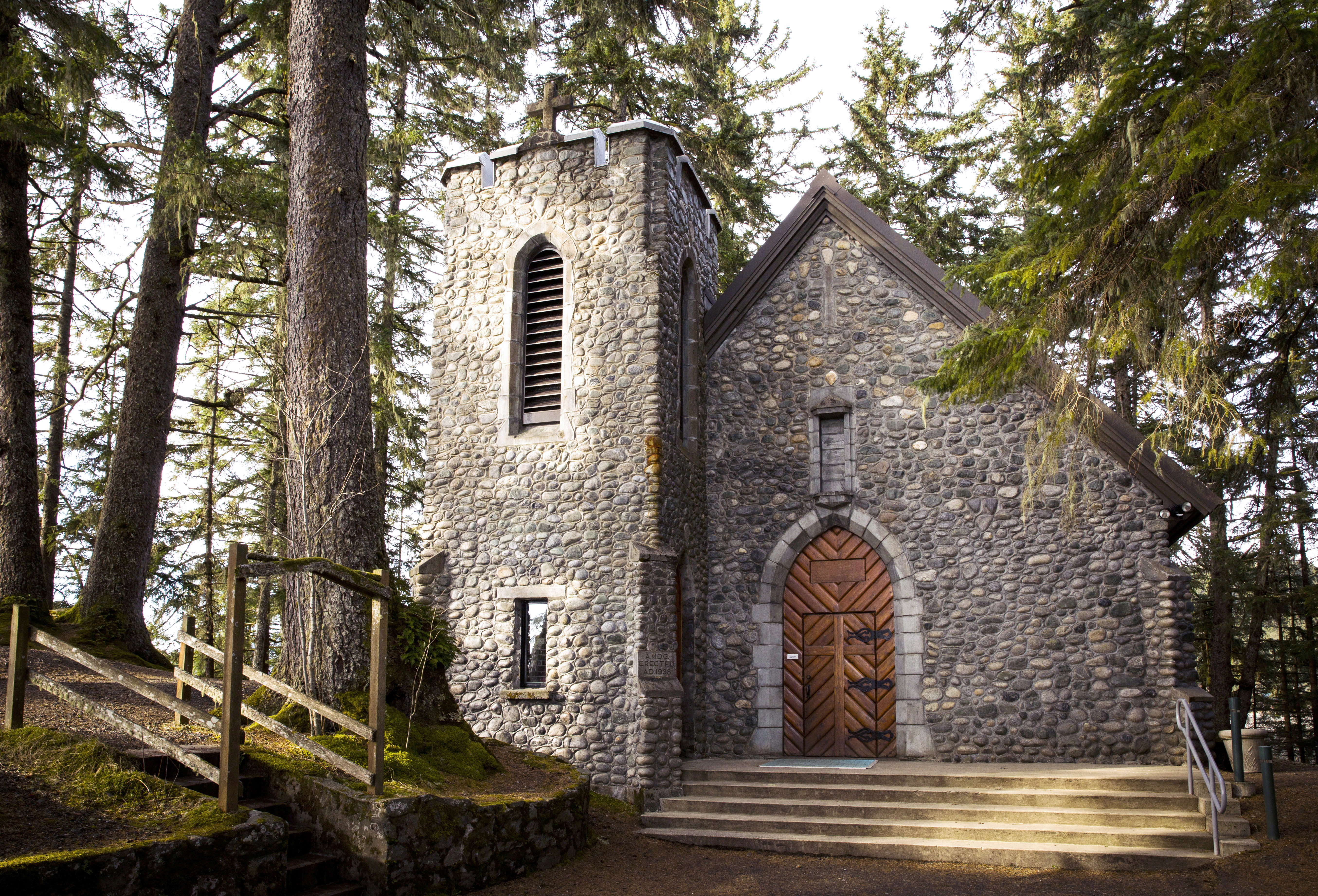 The chapel at the Shrine of St. Therese in Juneau, Alaska, seen in a 2014 photo, is constructed of beach stone plucked from the surrounding shoreline. The place of retreat with breathtaking views was designated a national shrine by the U.S. bishops Oct. 1. (CNS photo/Nancy Wiechec)
