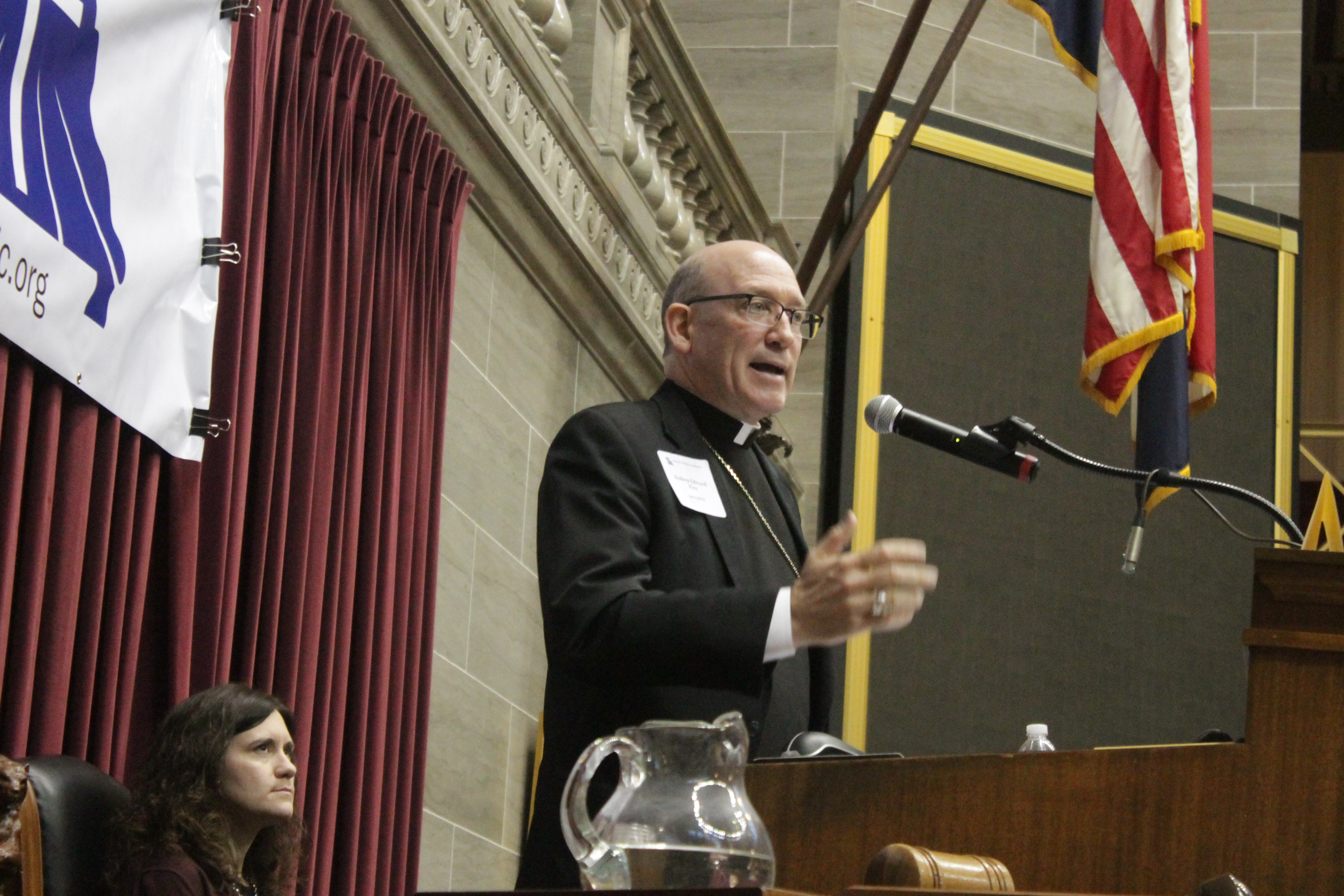 Bishop Edward M. Rice of Springfield-Cape Girardeau, Mo., speaks in the House chamber of the Missouri Capitol in Jefferson City Oct. 8. Bishop Rice addressed 400 Catholics from all over the state at the Missouri Catholic Conference's annual assembly. (CNS photo/Jay Nies, Catholic Missourian)