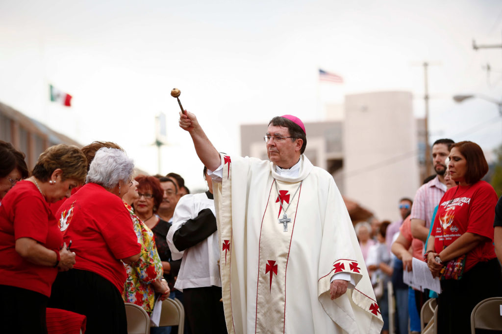 Archbishop Christophe Pierre, apostolic nuncio to the United States, blesses the congregation during Mass at the international border in Nogales, Ariz., Oct. 23. (CNS photo/Nancy Wiechec) 