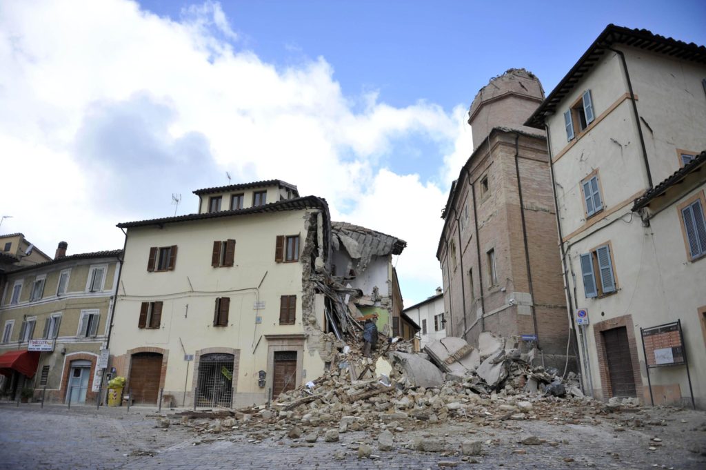 Rubble and destroyed homes are seen Oct. 27 after an earthquake in Camerino, near Macerata, Italy. Archbishop Alexander K. Sample of Portland, Ore., was preparing to celebrate Mass Oct. 26 with Benedictine monks in nearby Norcia when the first of two powerful earthquakes struck. (CNS photo/Christiano Chiodi, EPA) 