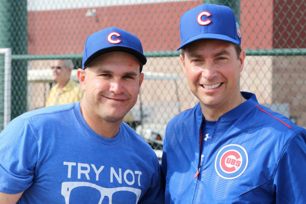 Fr. Burke Masters, right, poses with Miguel Montero, catcher for the Chicago Cubs, during spring training in Mesa, Ariz., in March 2016. Fr. Masters is the chaplain for the Cubs. (CNS photo/Ed Mailliard, courtesy Topps) 