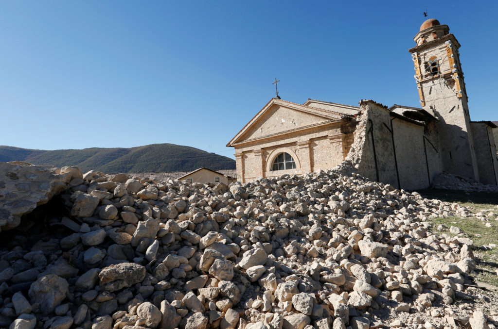 St. Anthony Cchurch is seen Oct. 30 partially collapsed following an earthquake along the road to Norcia, Italy. Thousands of people in central Italy have spent the night in cars, tents and temporary shelters following the fourth earthquake in the area in three months. (CNS photo/Remo Casilli, Reuters)