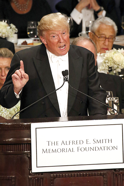 Republican U.S. presidential nominee Donald Trump addresses the audience during the 71st annual Alfred E. Smith Memorial Foundation Dinner at the Waldorf Astoria hotel in New York City Oct. 20. Democratic presidential nominee Hillary Clinton was the charity gala's other keynote speaker. (CNS photo/Gregory A. Shemitz)