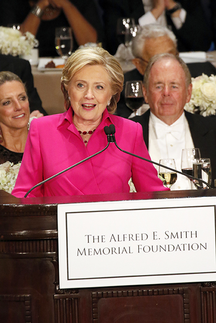 Democratic U.S. presidential nominee Hillary Clinton addresses the audience during the 71st annual Alfred E. Smith Memorial Foundation Dinner at the Waldorf Astoria hotel in New York City Oct. 20. Republican presidential nominee Donald Trump was the charity gala's other keynote speaker. (CNS photo/Gregory A. Shemitz)