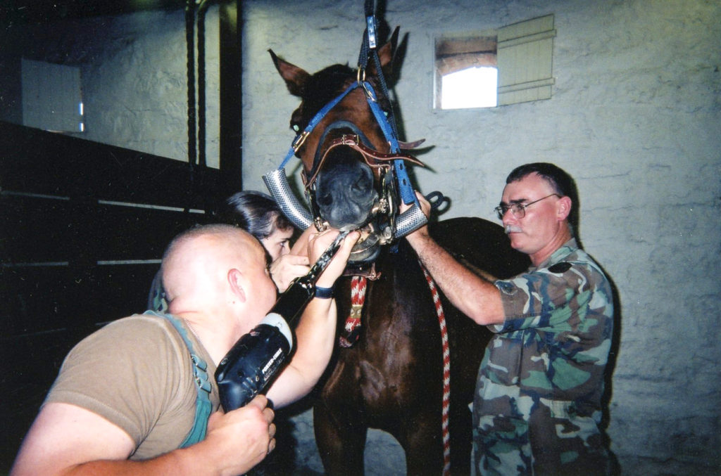 Fr. Richard Daise, right, is pictured in an undated photo working with one of the horses at Fort Riley, Kan. Fr. Daise, pastor of Sacred Heart Church in Colby, Kan., is a trained veterinarian who spent nearly 28 years in the U.S. Army caring for animals used in the military, before he discerned a call to the priesthood. (CNS photo/courtesy The Register) 