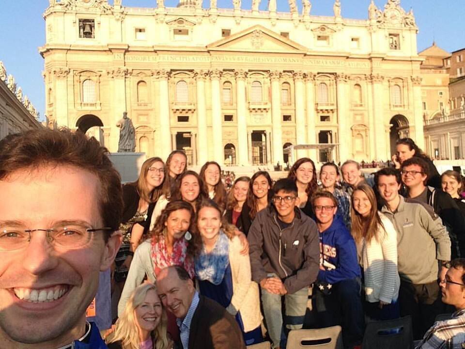Jimenez, center, is pictured in Vatican Square with his University of Mary classmates in this undated photo (courtesy of University of Mary)