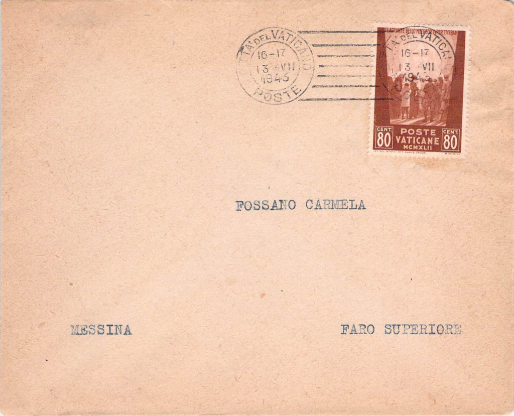 An envelope with a Vatican stamp postmarked from Vatican City Aug. 13, 1943, is depicted in this photograph. The envelope carried correspondence from an Italian World War II prisoner of war held in Missoula, Montana, to his family in Italy. (CNS photo/courtesy Greg Pirozzi) 
